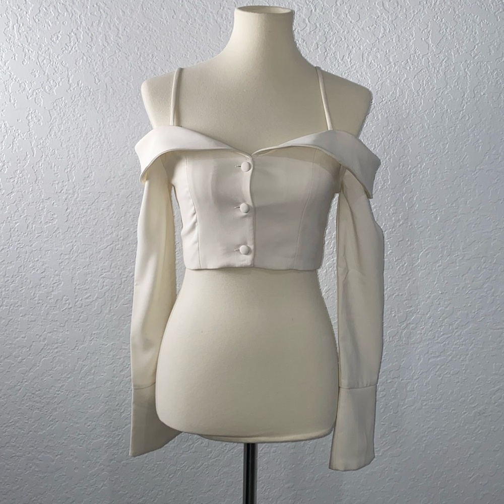 CAMILA COELHO OFF WHITE LONG SLEEVE CROP TOP - XS